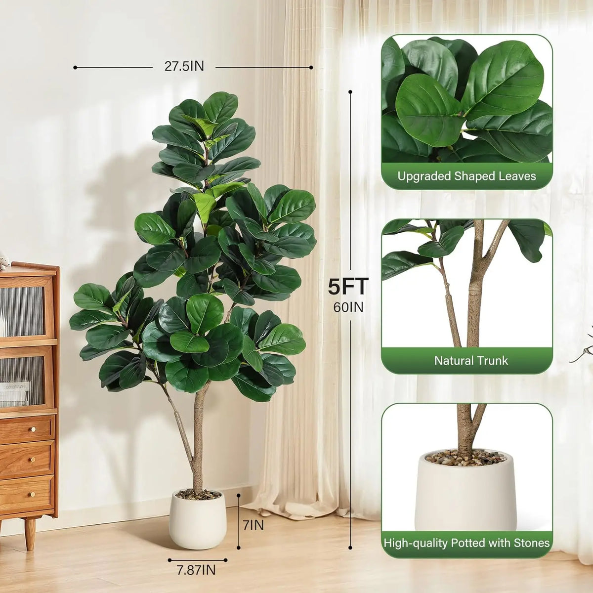 HiMiss Artificial Fiddle Leaf Fig Tree In Planter