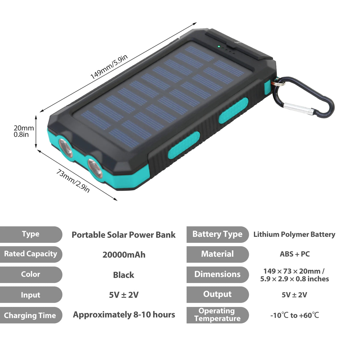 Waterproof Portable Solar Power Bank With Dual USB Ports