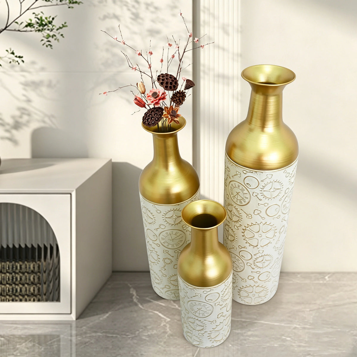 Three Tier Metal Floor Vase Set For Home Decor