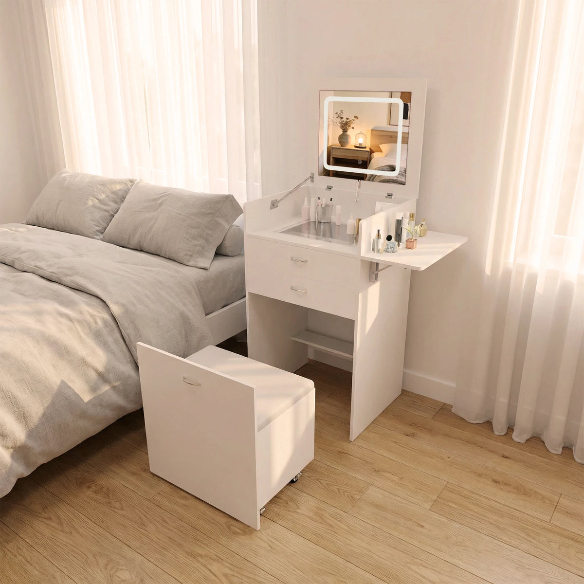 Compact Vanity Desk With Hidden Chair And Flip Mirror