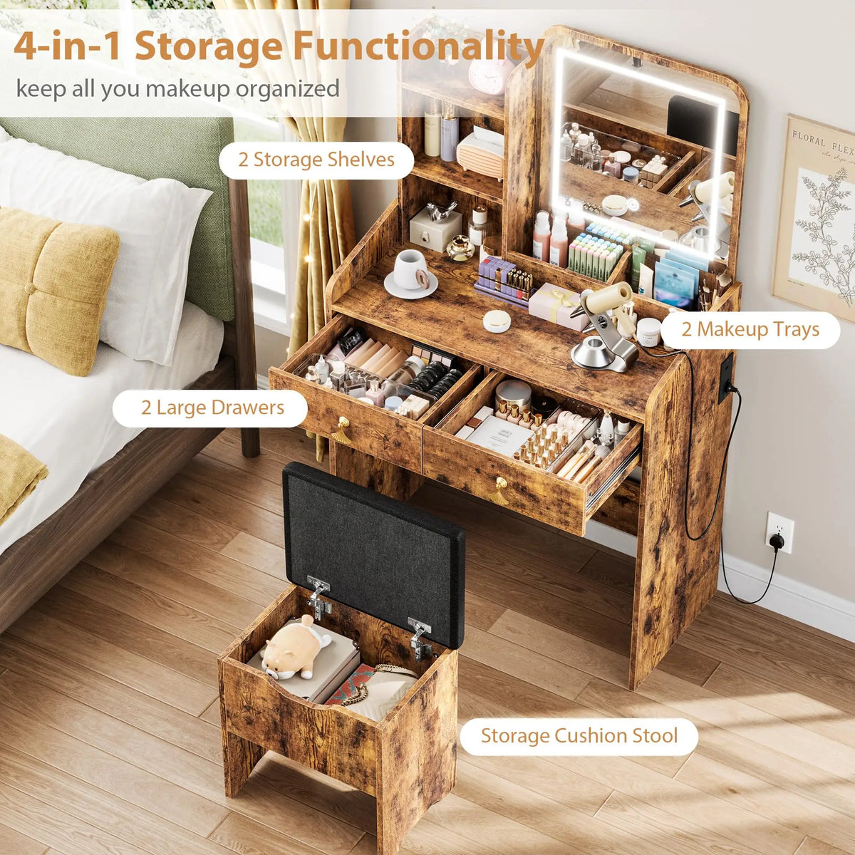 HiMISS Wooden Vanity Desk With LED Mirror And Stool