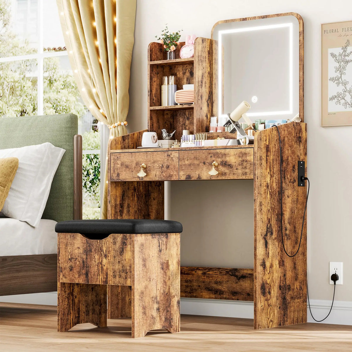 HiMISS Wooden Vanity Desk With LED Mirror And Stool