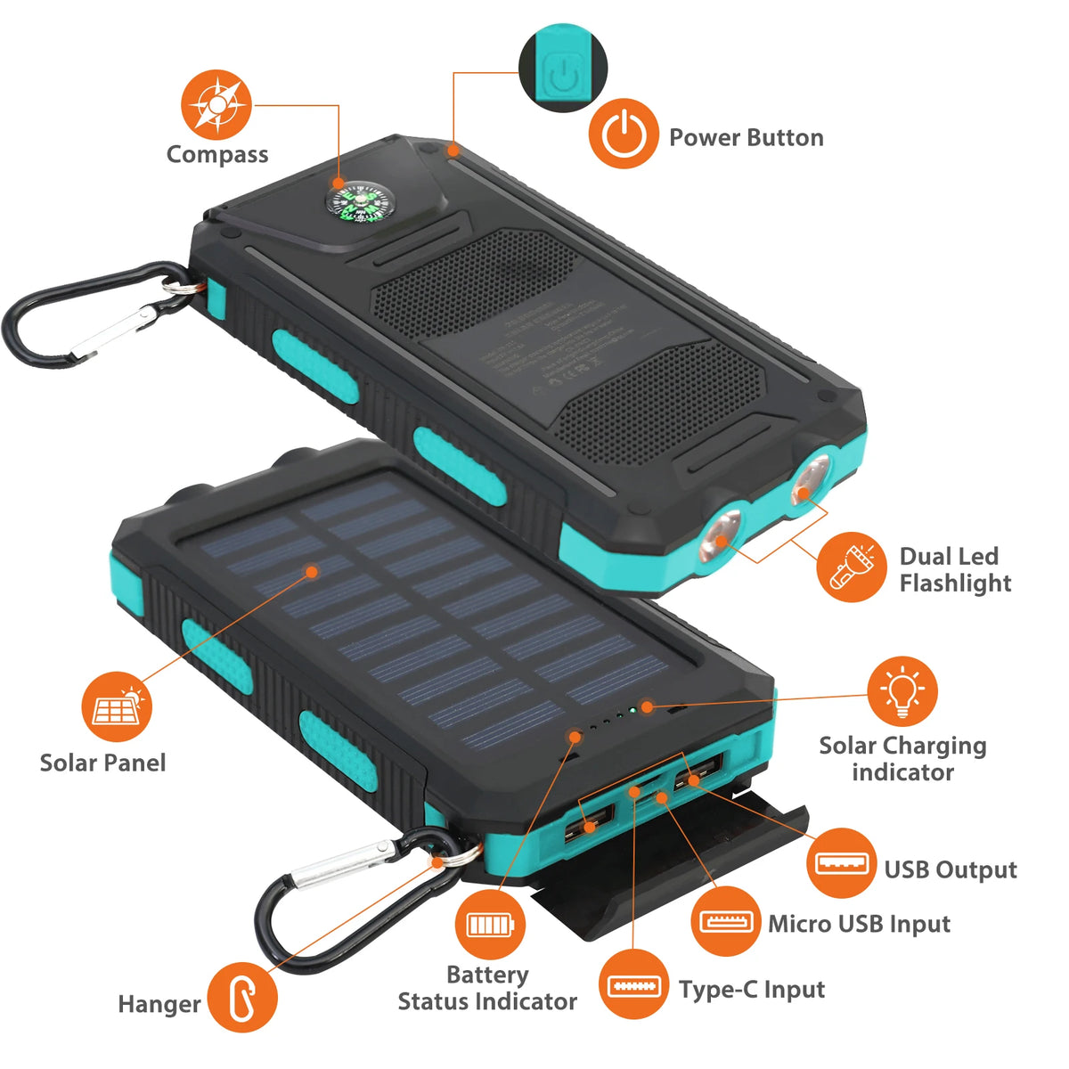 Waterproof Portable Solar Power Bank With Dual USB Ports
