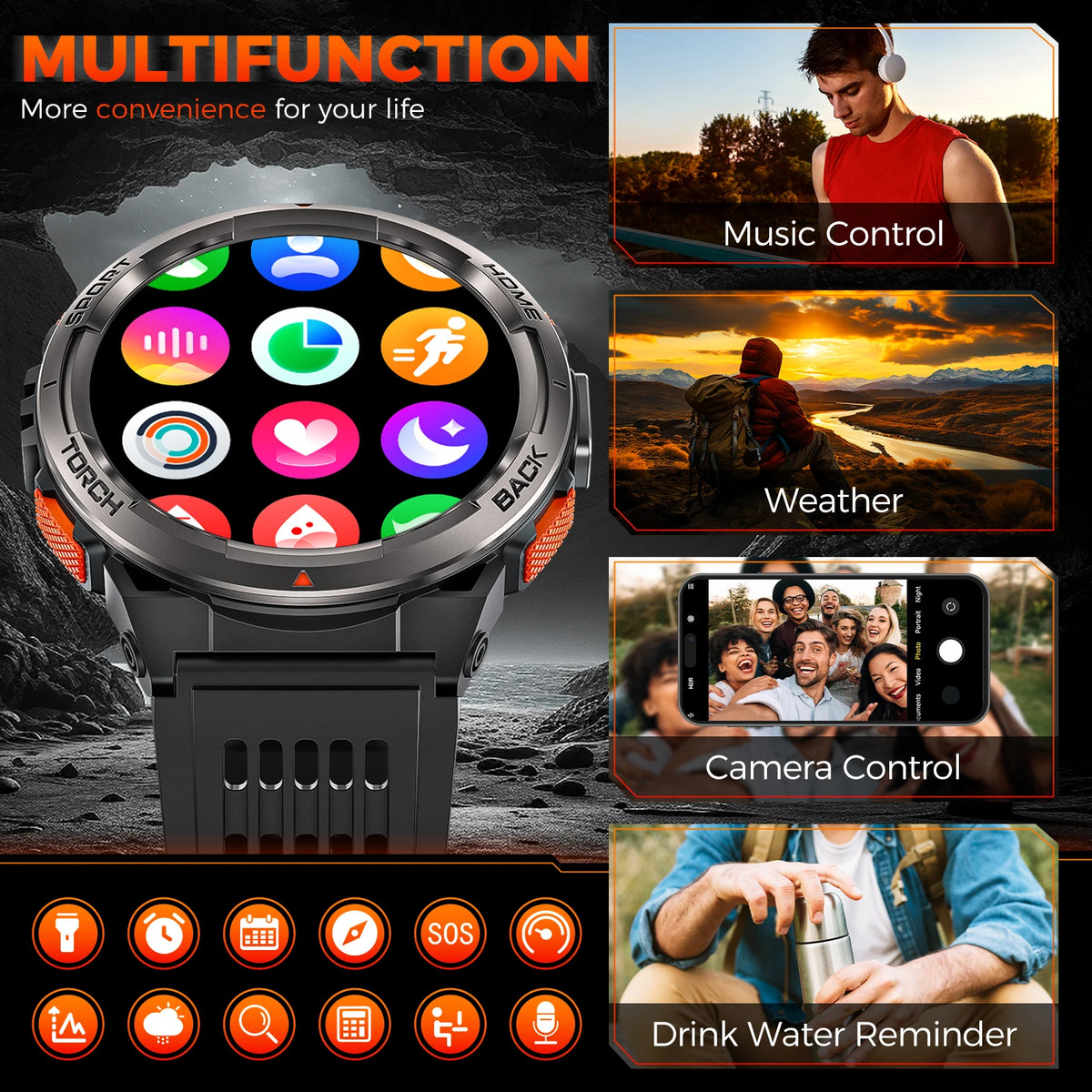 EIGIIS KE5 Rugged Waterproof Smartwatch With LED Flashlight