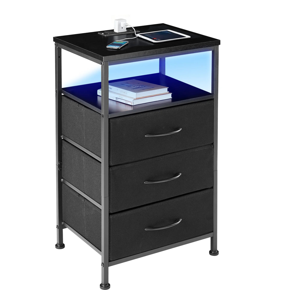 JHK Modern Fabric Nightstand With USB Charging Station