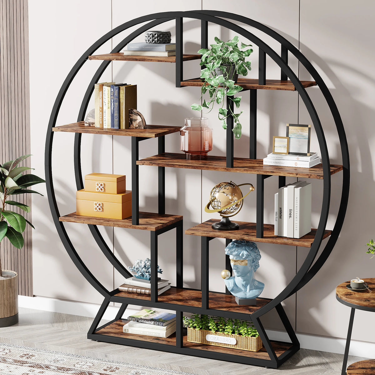 Tribesigns Industrial Round Bookshelf With Staggered Shelves