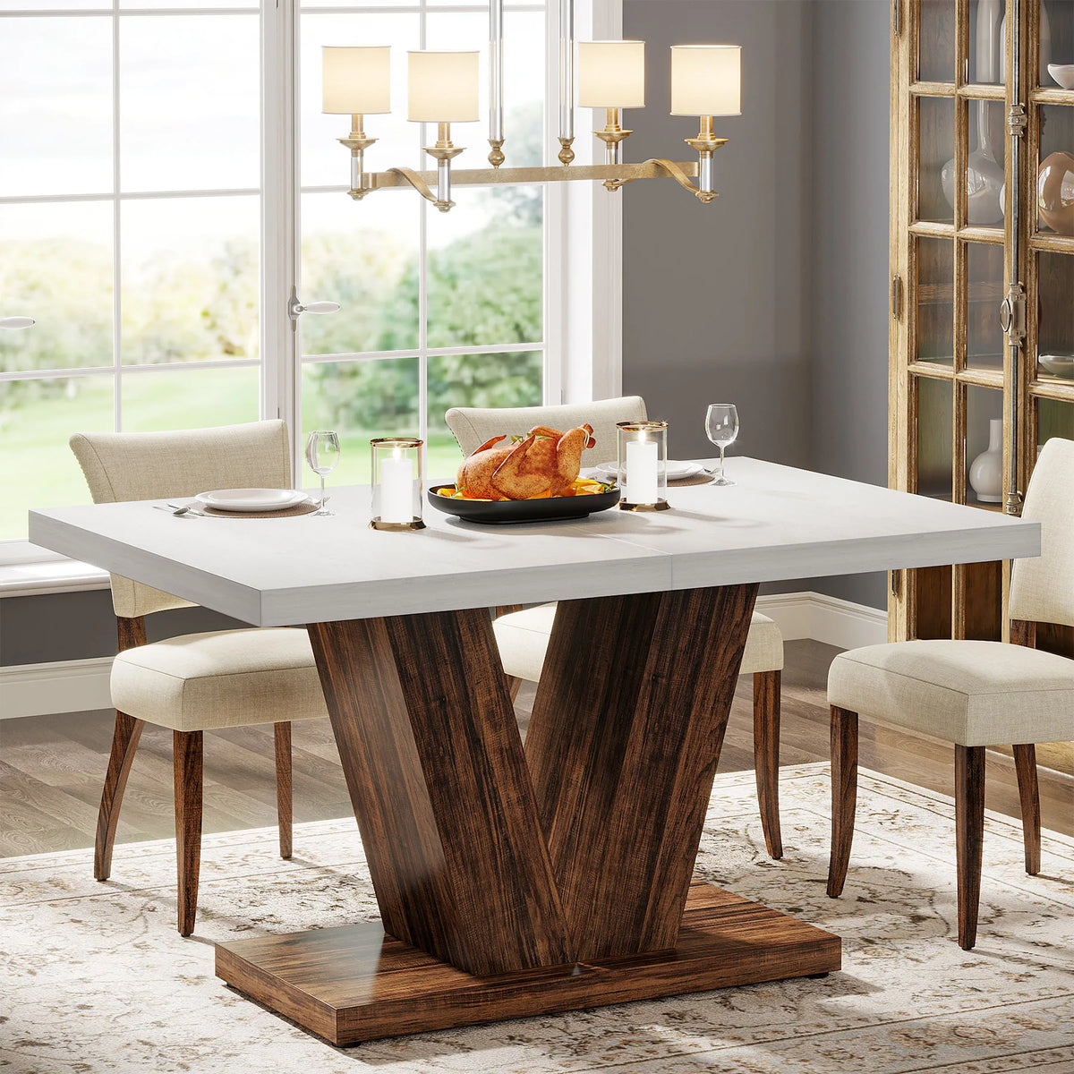 Tribesigns Farmhouse Wooden Dining Table With Pedestal