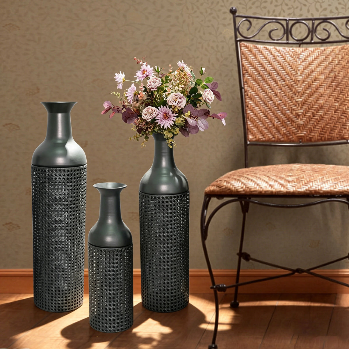 Three Tier Metal Floor Vases Set Modern Leaf Decor