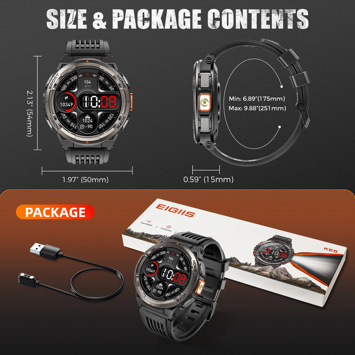 EIGIIS KE5 Rugged Waterproof Smartwatch With LED Flashlight