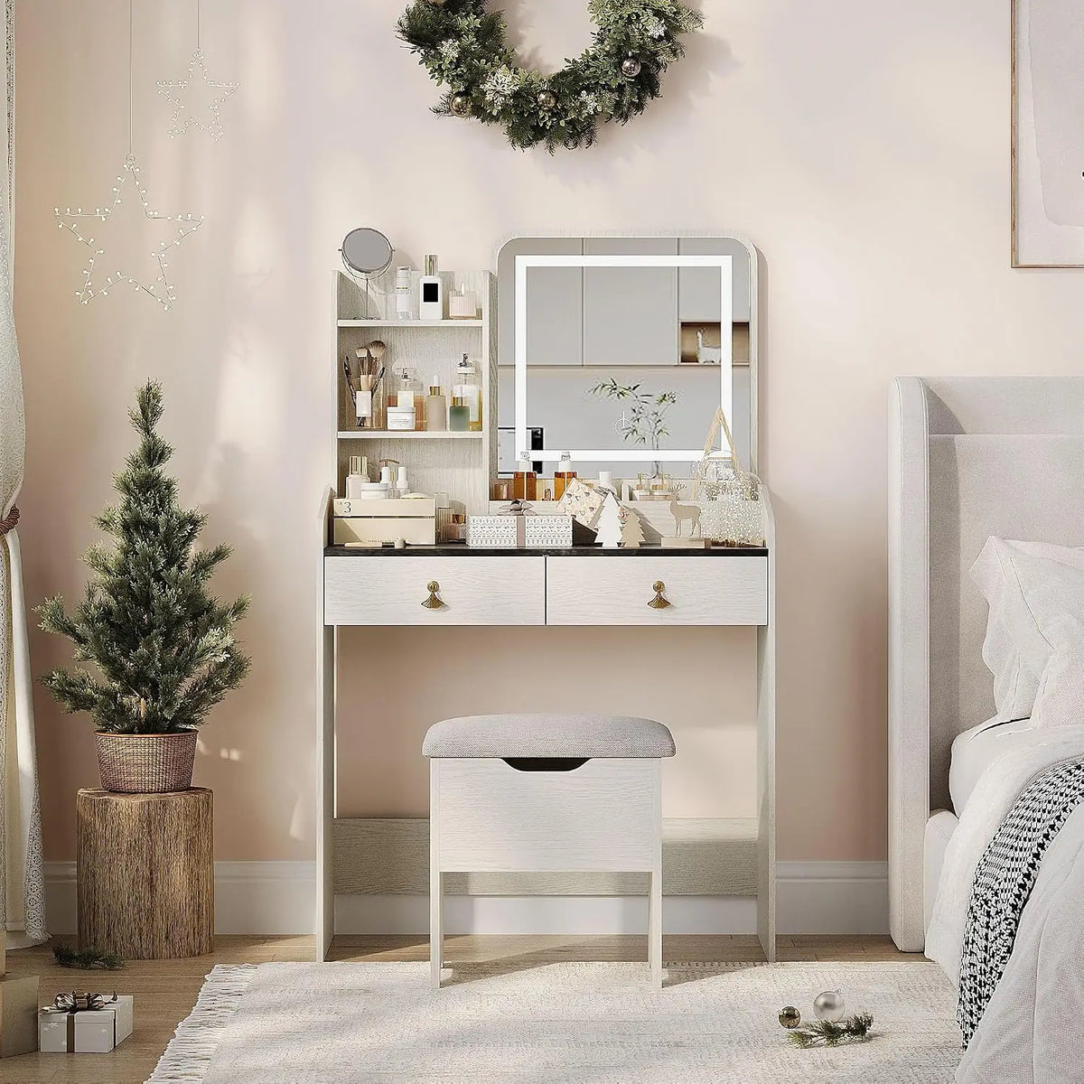 HiMISS Led Vanity Desk With Mirror And Charging Station