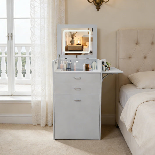 Compact Vanity Desk With Hidden Chair And Flip Mirror