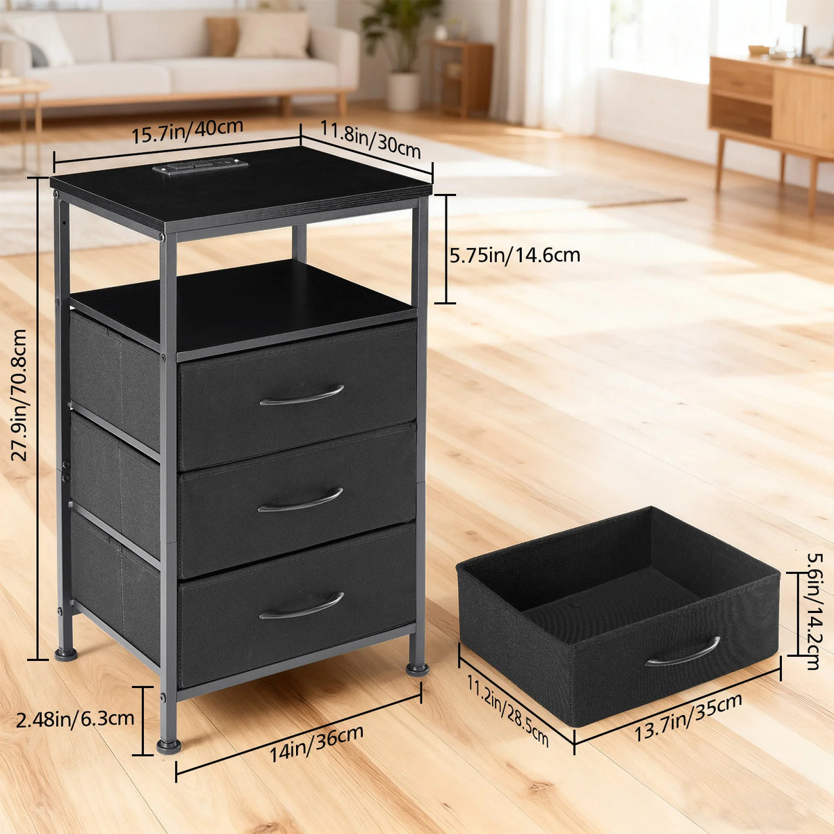 JHK Three Drawer Nightstand With USB Charging Port