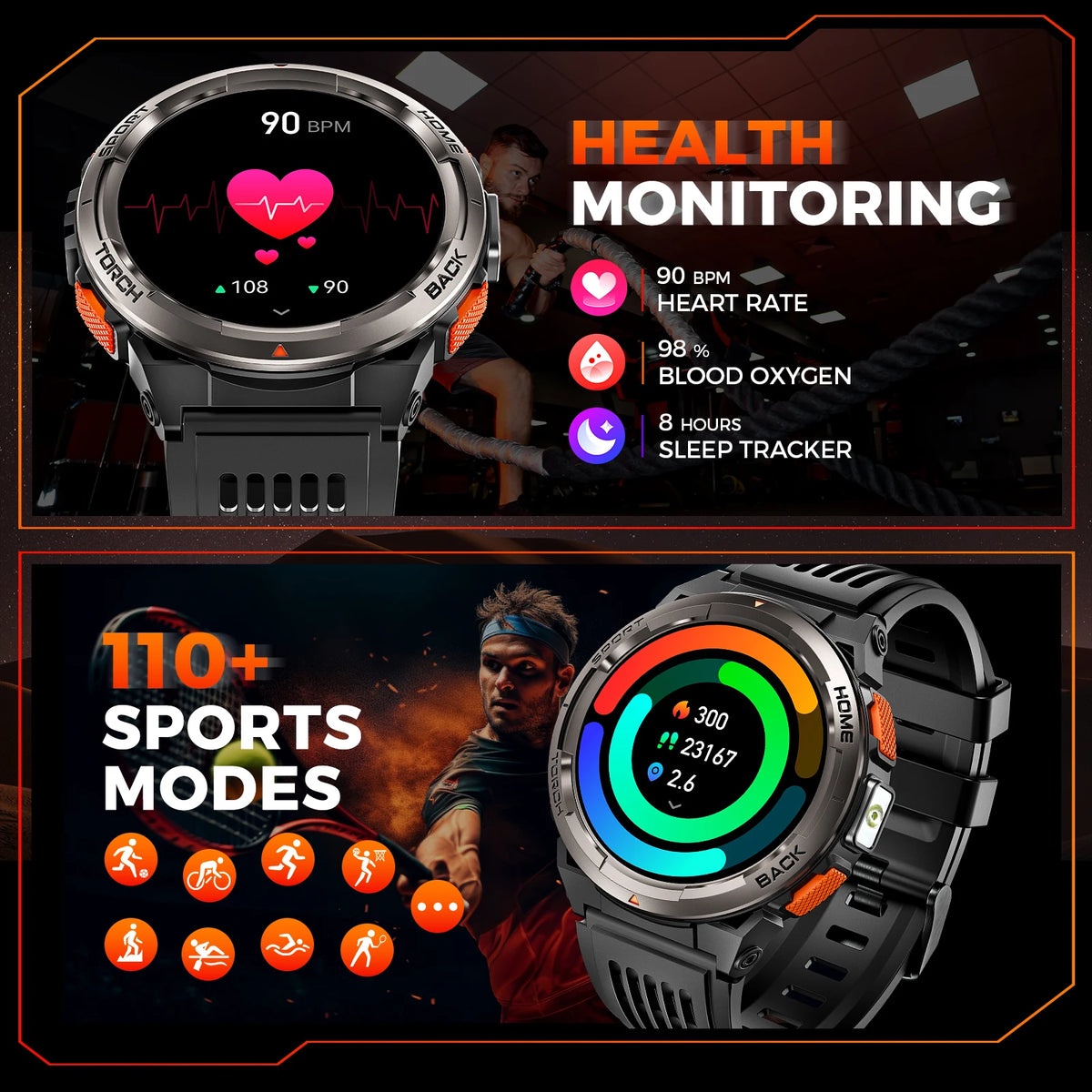 EIGIIS KE5 Rugged Waterproof Smartwatch With LED Flashlight