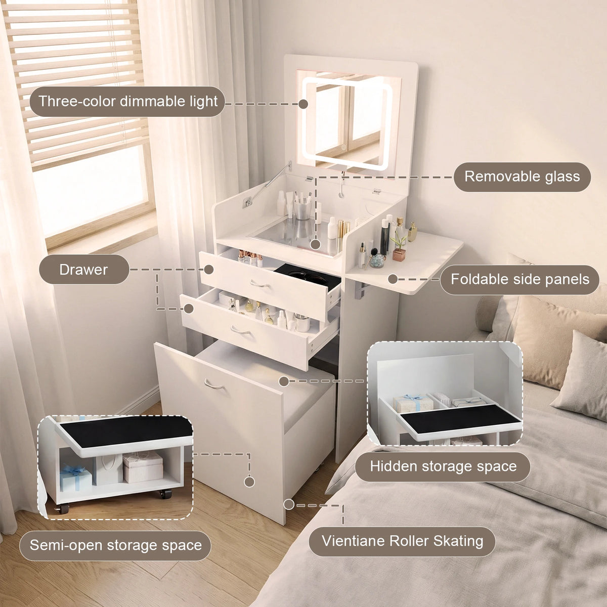 Compact Vanity Desk With Hidden Chair And Flip Mirror