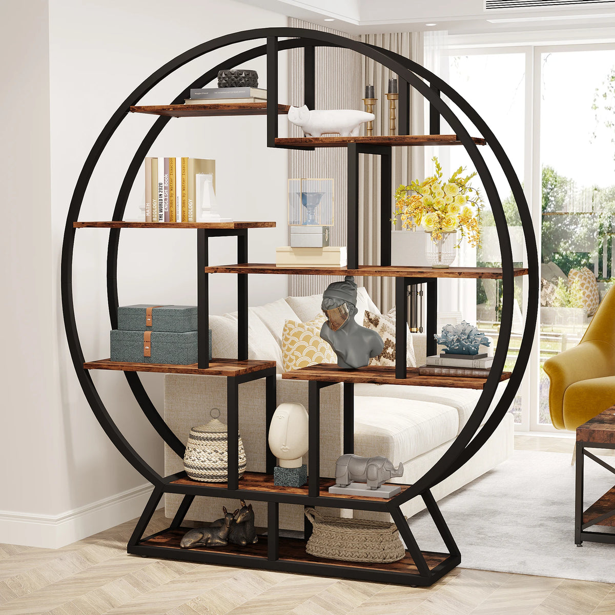 Tribesigns Industrial Round Bookshelf With Staggered Shelves