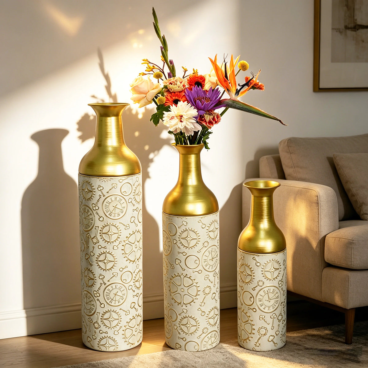 Three Tier Metal Floor Vase Set For Home Decor