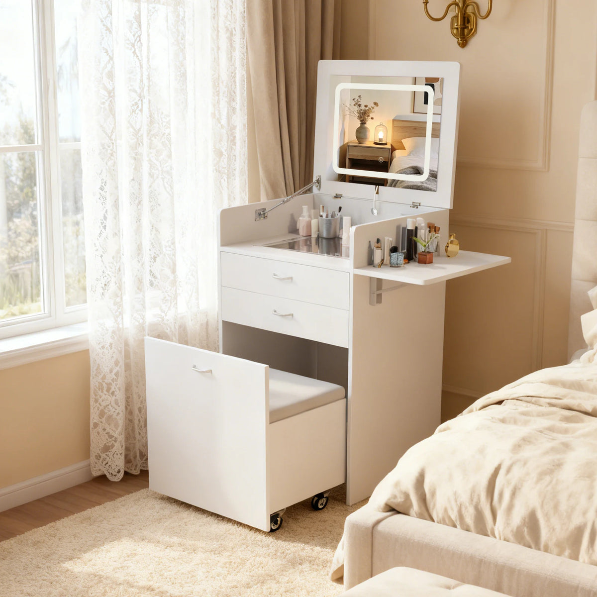 Compact Vanity Desk With Hidden Chair And Flip Mirror