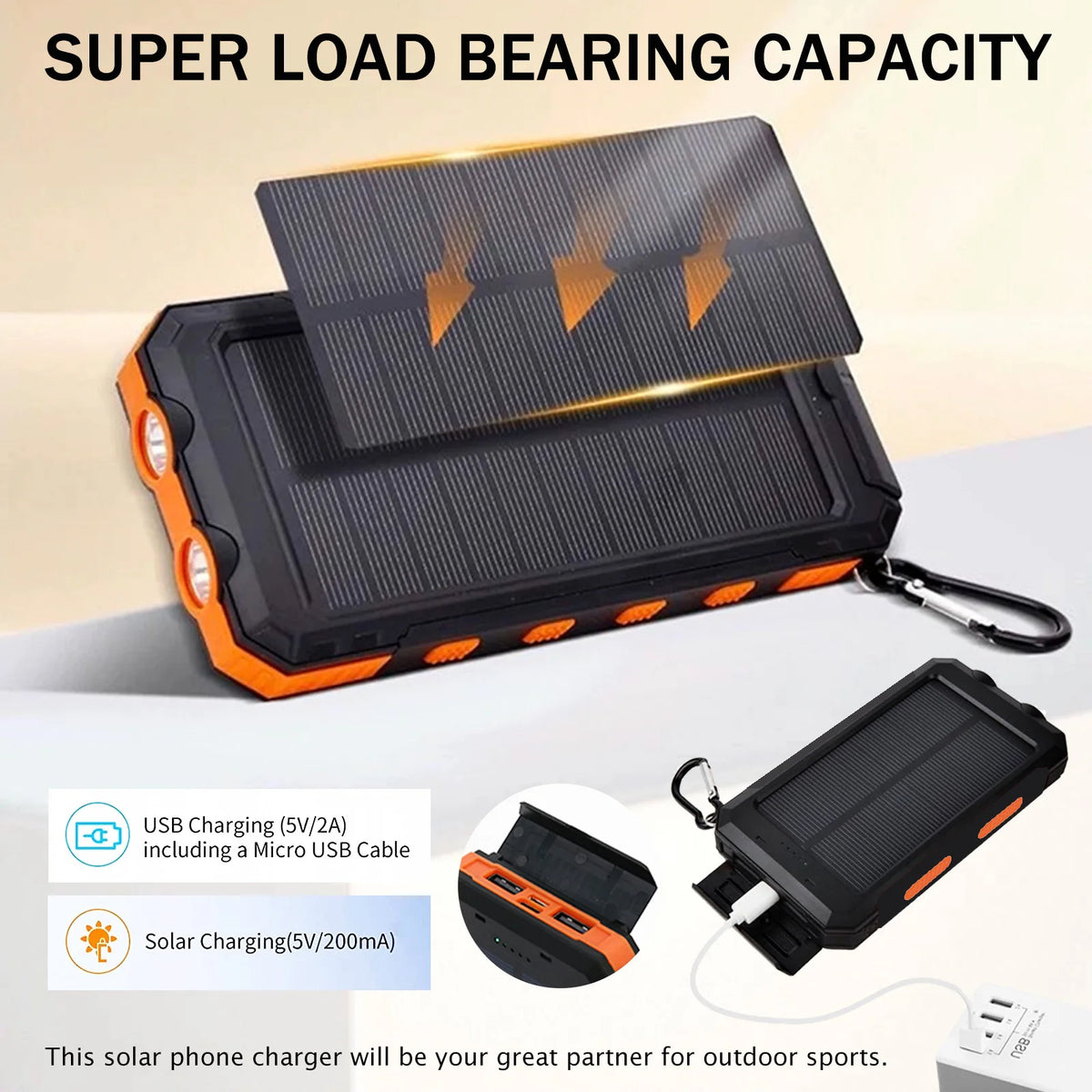 Waterproof Portable Solar Power Bank With Dual USB Ports