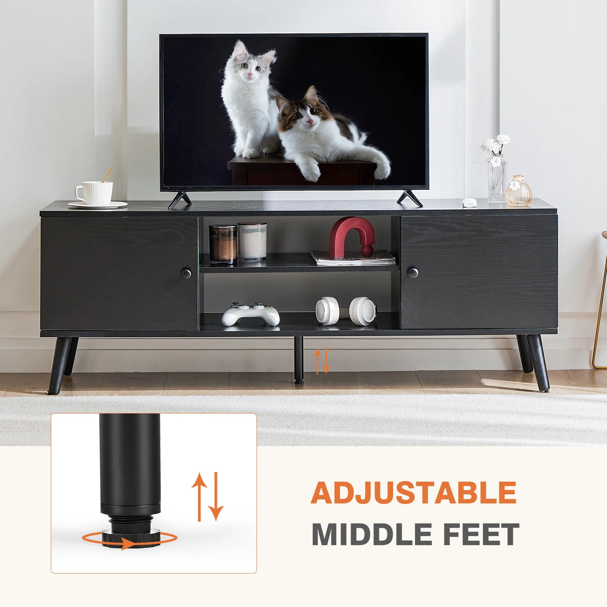 JHK Wooden TV Stand With Adjustable Shelf And Storage