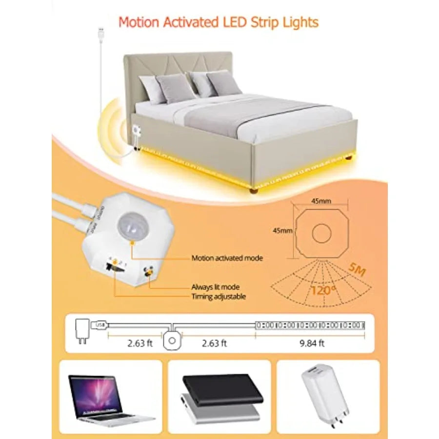 Solar Motion Sensor LED Under Bed Strip Lights With Timer