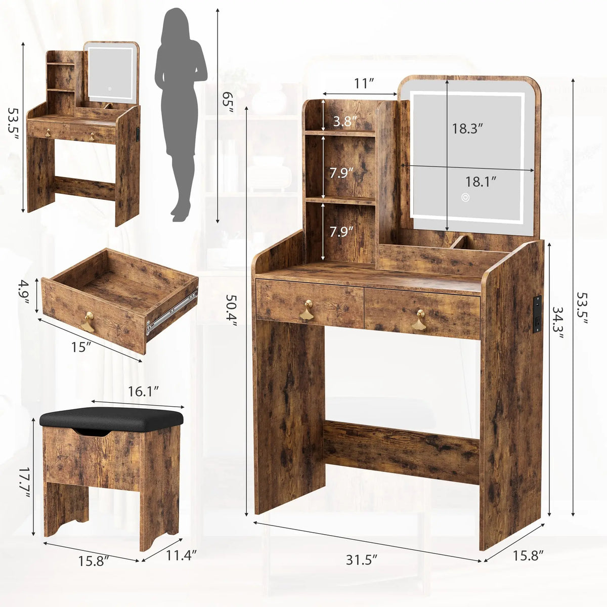 HiMISS Wooden Vanity Desk With LED Mirror And Stool