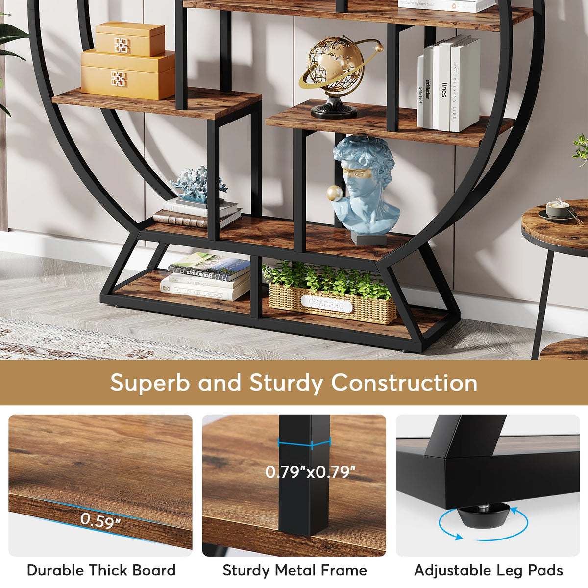 Tribesigns Industrial Round Bookshelf With Staggered Shelves