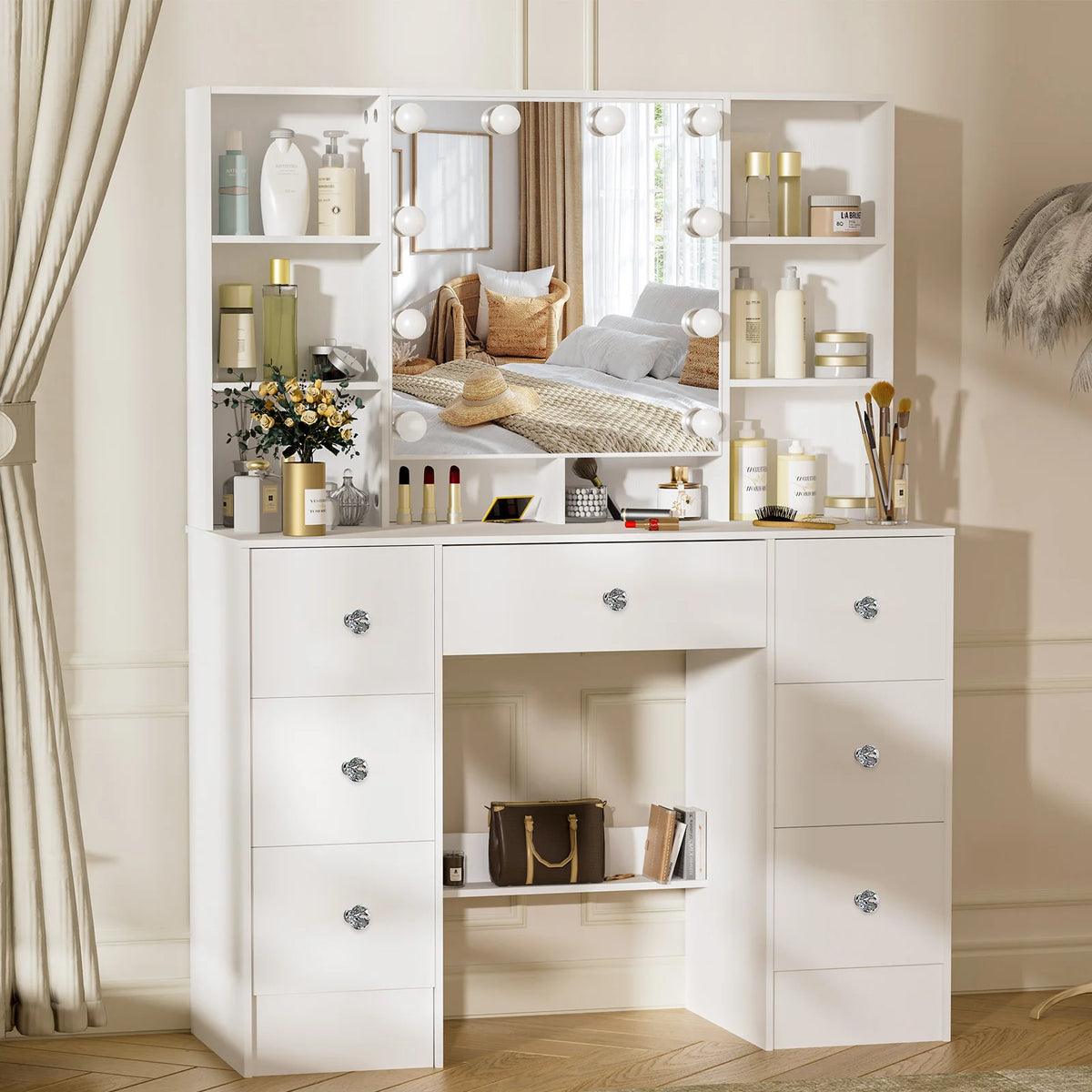 Teousev Seven Drawer Vanity Desk With Led Lights