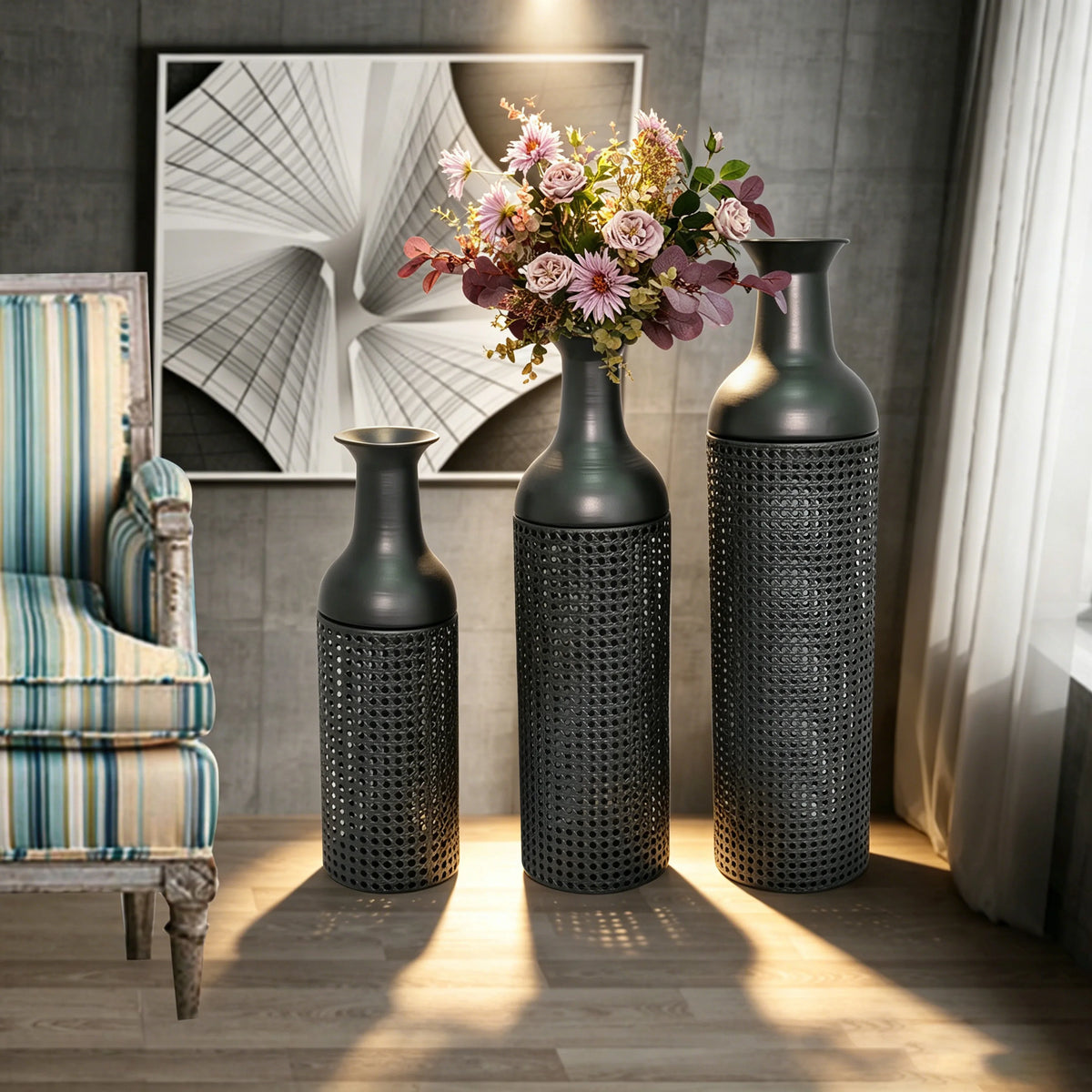 Three Tier Metal Floor Vases Set Modern Leaf Decor
