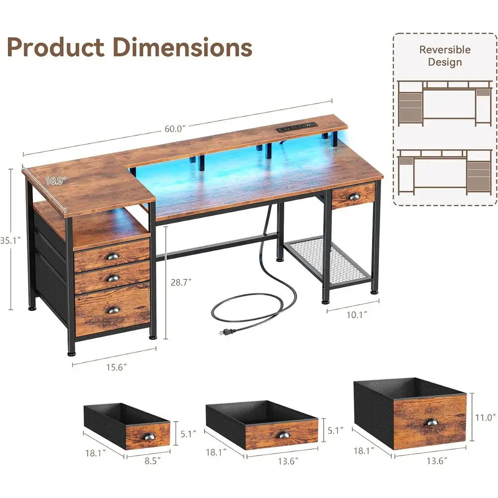 Metal Computer Desk Cabinet LED Power Outlet