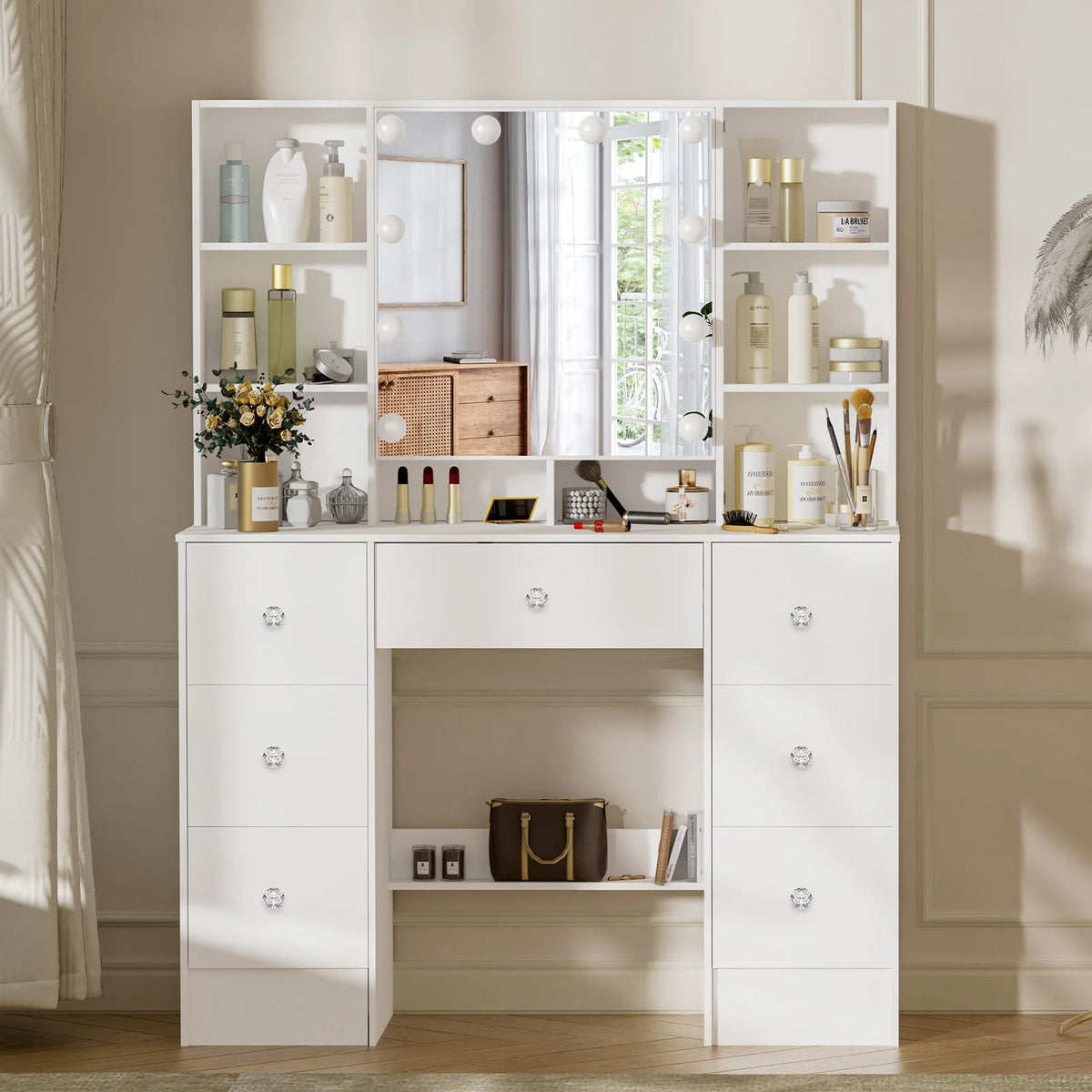 Teousev Seven Drawer Vanity Desk With Led Lights