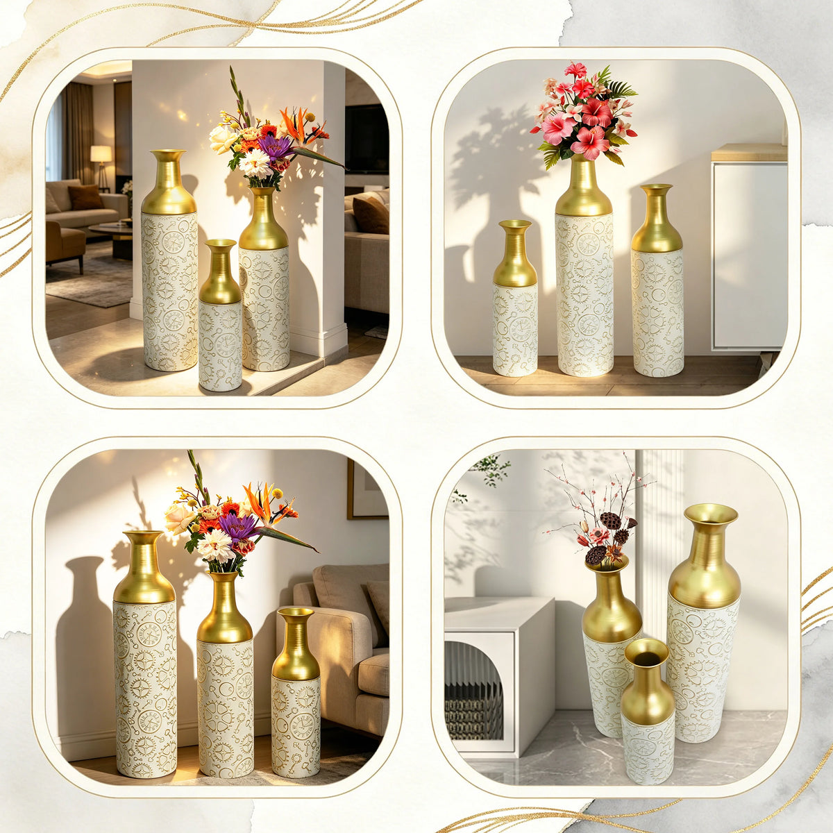 Three Tier Metal Floor Vase Set For Home Decor