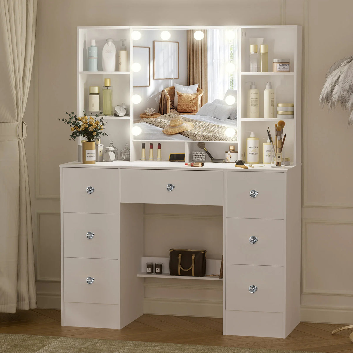 Teousev Seven Drawer Vanity Desk With Led Lights