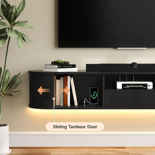 70 Inch Smart Floating TV Stand with LED Lights & Power Outlet - App Control Entertainment Center for 80" TVs, Mid-Century Modern Fluted Wood Design Living Room Storage Cabinet,Walnut