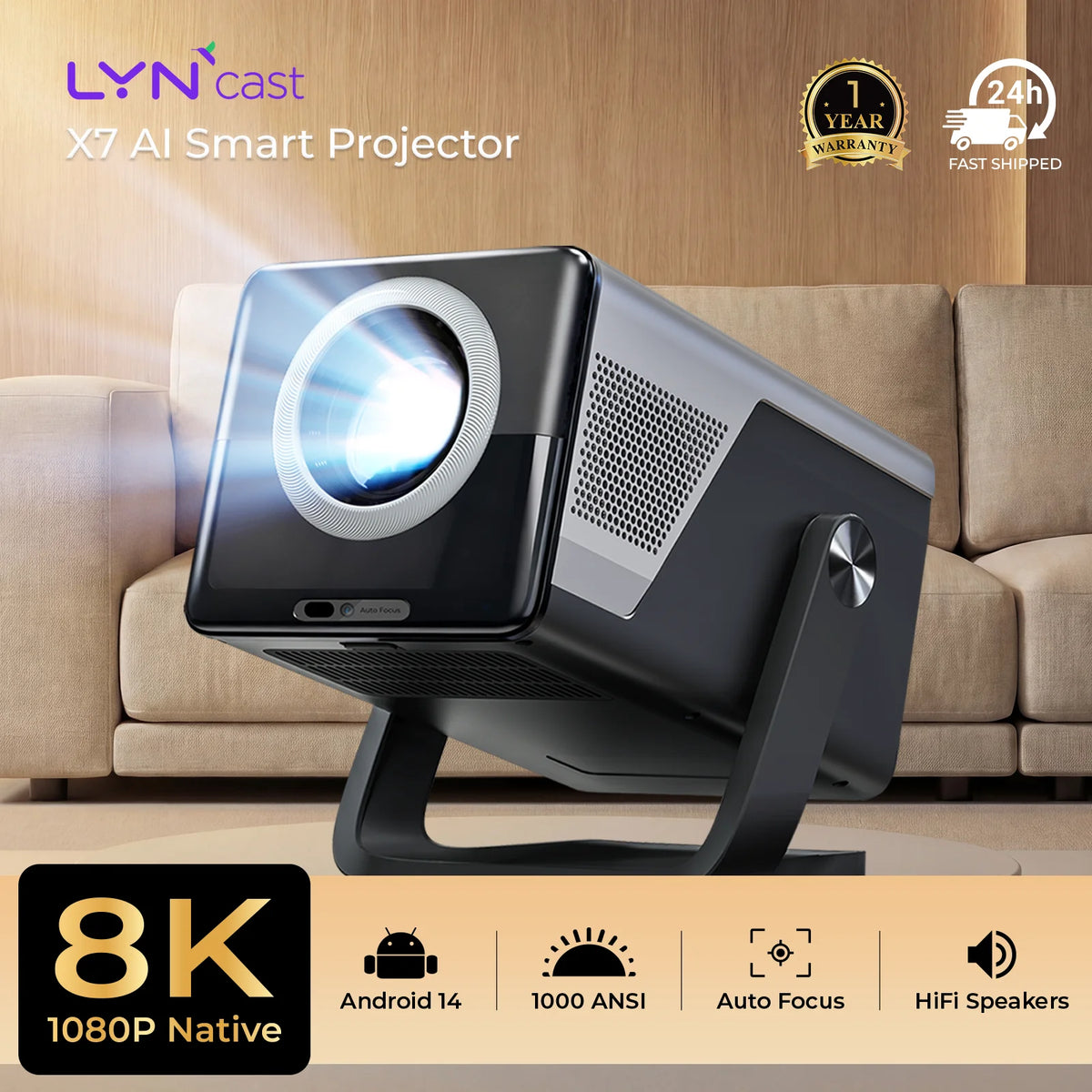 LynCast Native 1080P Smart Projector With Auto Focus