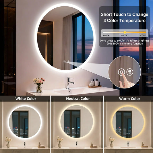 50/60/70/80CM LED Round Bathroom Mirror Anti-Fog, Dimmable, Backlit Vanity Mirror for Wall 3 Colors, Memory Function