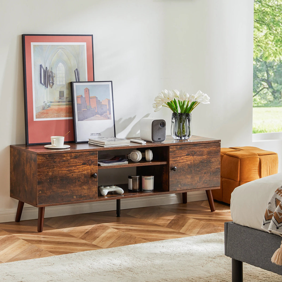 JHK Wooden Fireplace TV Stand Media Console