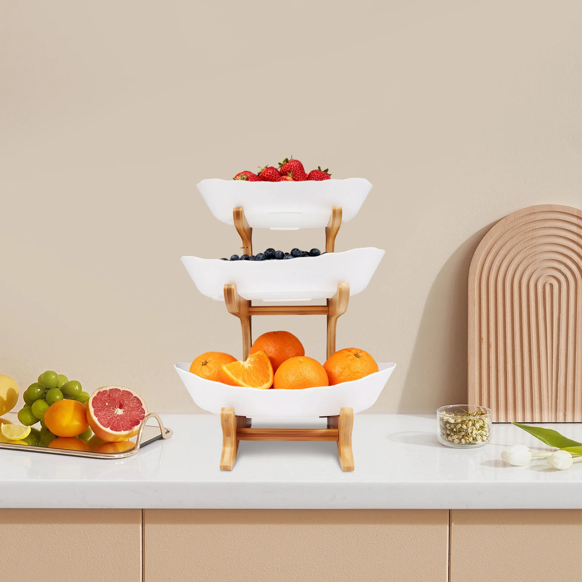 Bamboo Kitchen Storage Rack With Ceramic Serving Bowls