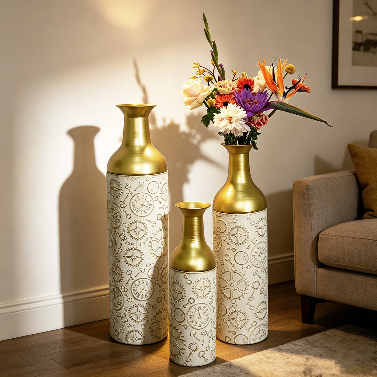 Three Tier Metal Floor Vase Set For Home Decor