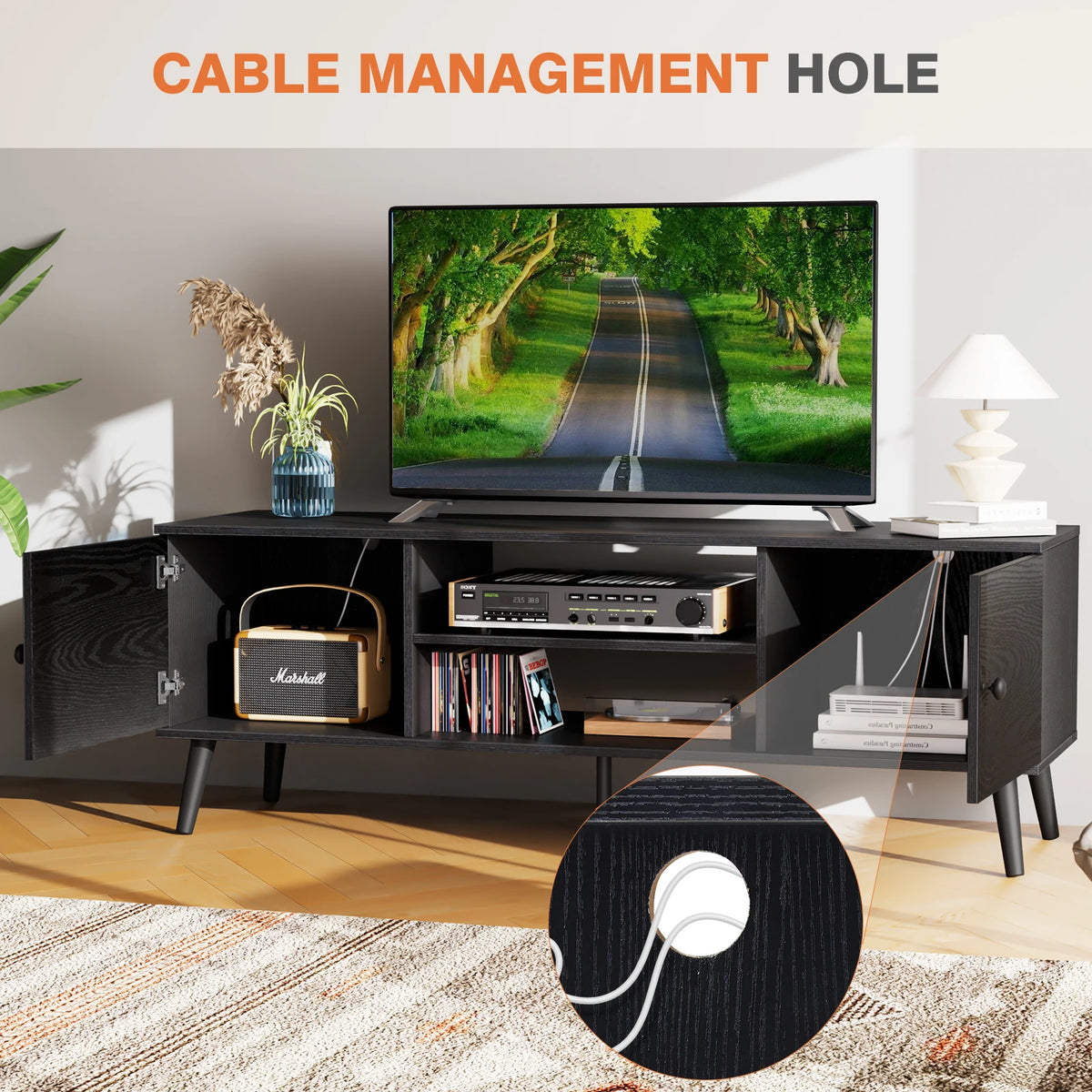 JHK Wooden TV Stand With Adjustable Shelf And Storage