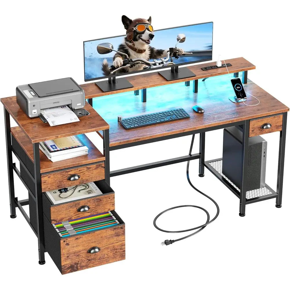 Metal Computer Desk Cabinet LED Power Outlet