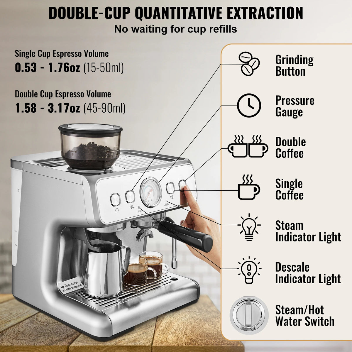 VEVOR 15 Bar Semi Automatic Espresso Machine With Grinder