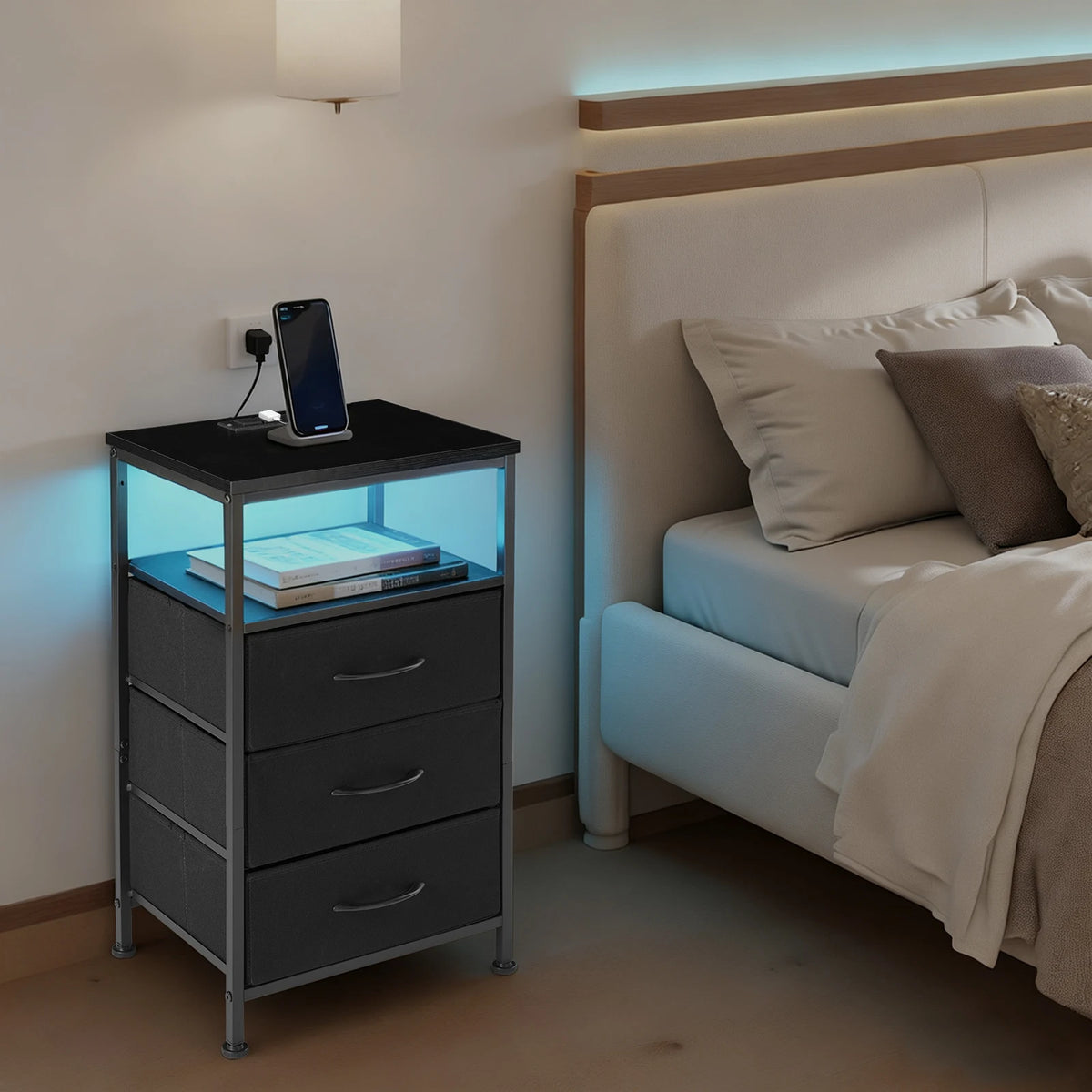 JHK Modern Fabric Nightstand With USB Charging Station