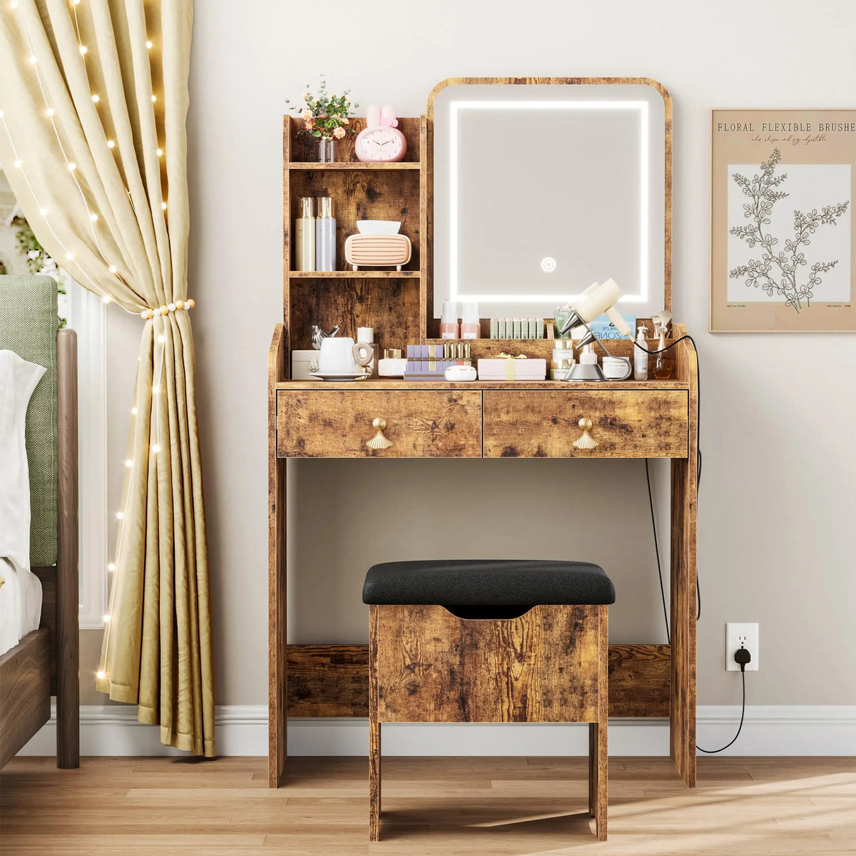 HiMISS Wooden Vanity Desk With LED Mirror And Stool
