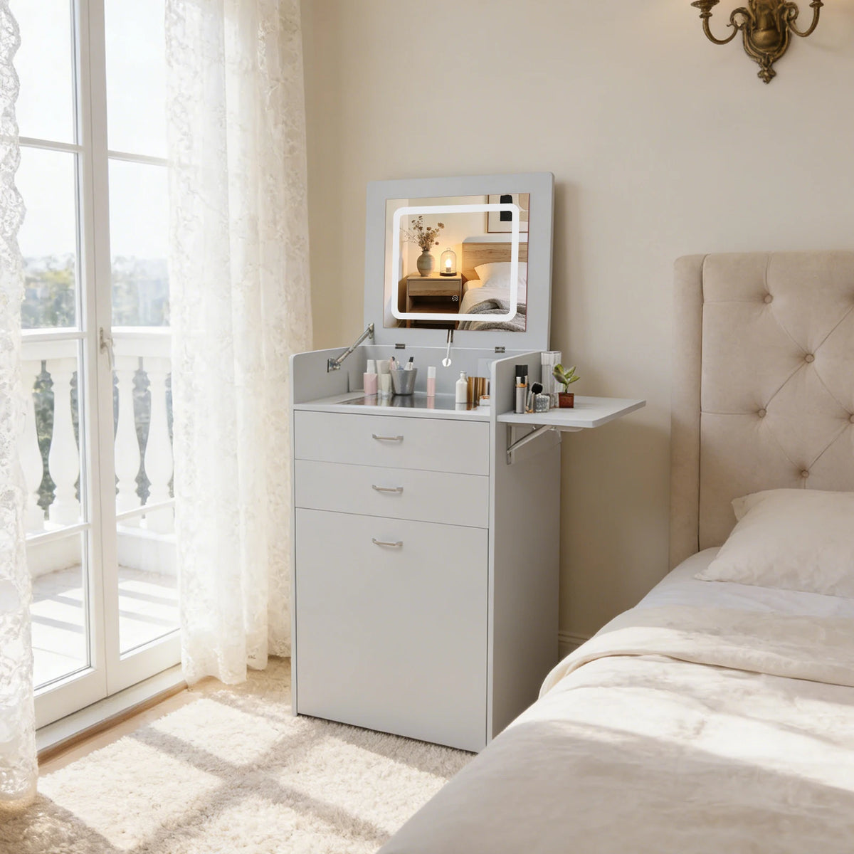 Compact Vanity Desk With Hidden Chair And Flip Mirror