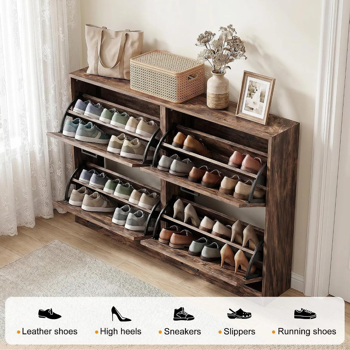 Shoe Cabinet Storage for Entryway with 4 Flip Drawers | Slim Shoe Rack Cabinet with Stylish Handwoven Panel, Farmhouse Shoe Organizer Cabinet for Hallways, Living Rooms Rustic Brown
