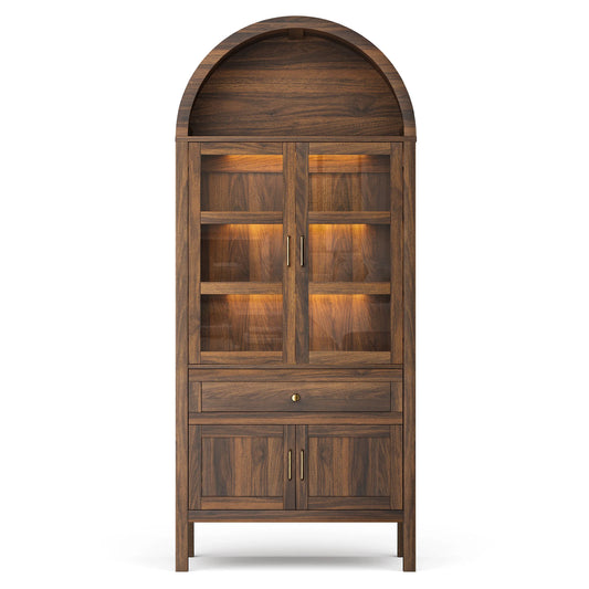 71 Inch Tall Full Wood Arched Storage Cabinet Adjustable Shelves Bookcase with Dimmable LED Lights for Living Room Bedroom