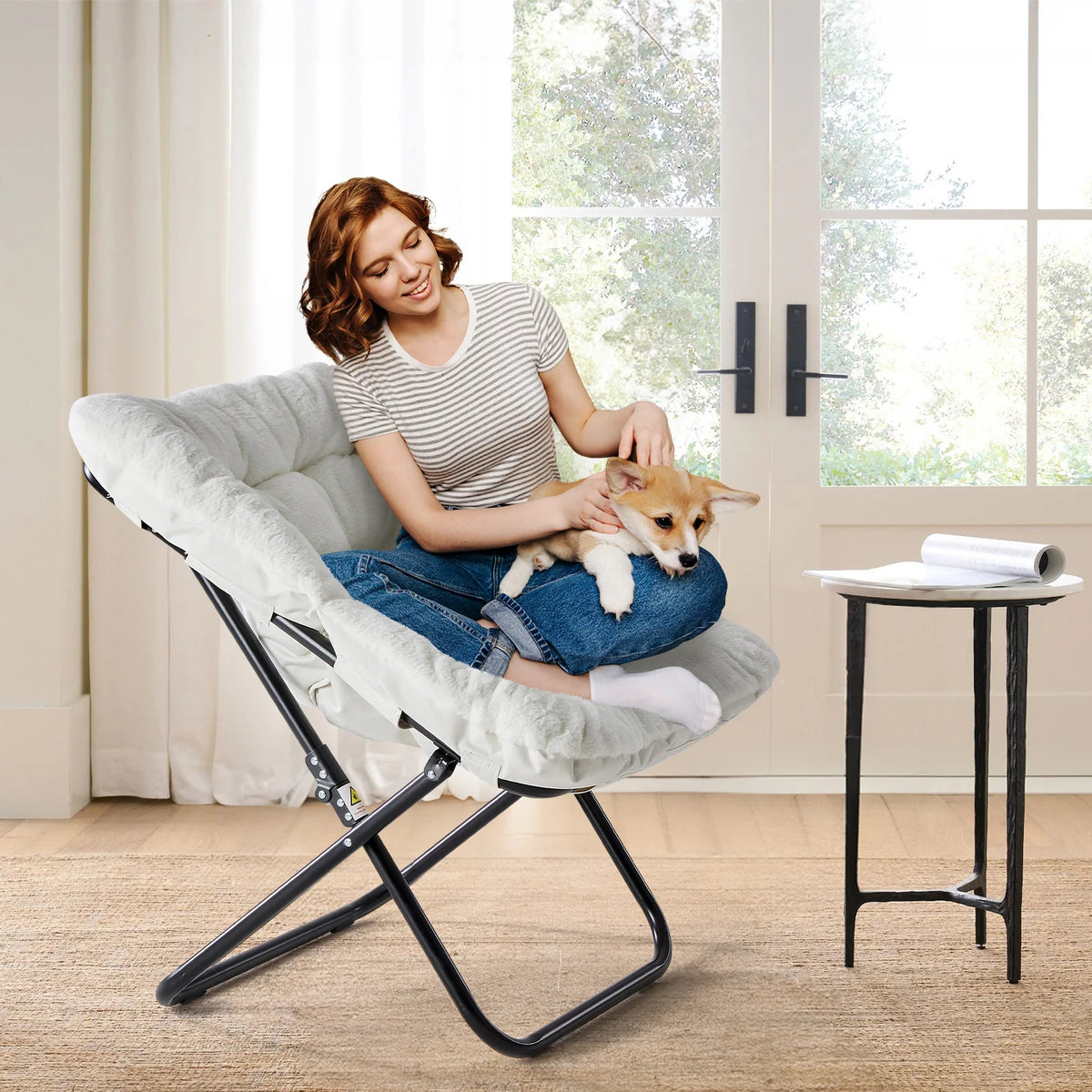 JHK 28IN Cozy Saucer Chairs Soft Faux Fur Large Size Folding Lounge Living Room Padded Seat Metal Frame Reading Chair Furniture
