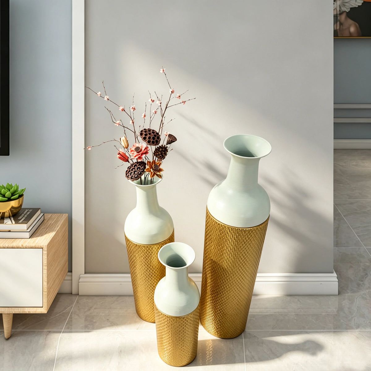 Vintage Nesting Metal Floor Vases For Home Decor