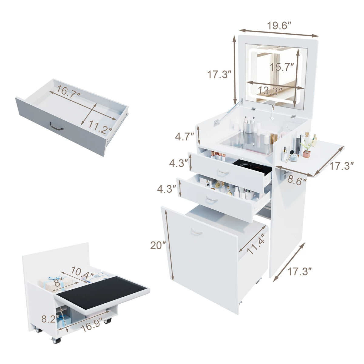 Compact Vanity Desk With Hidden Chair And Flip Mirror