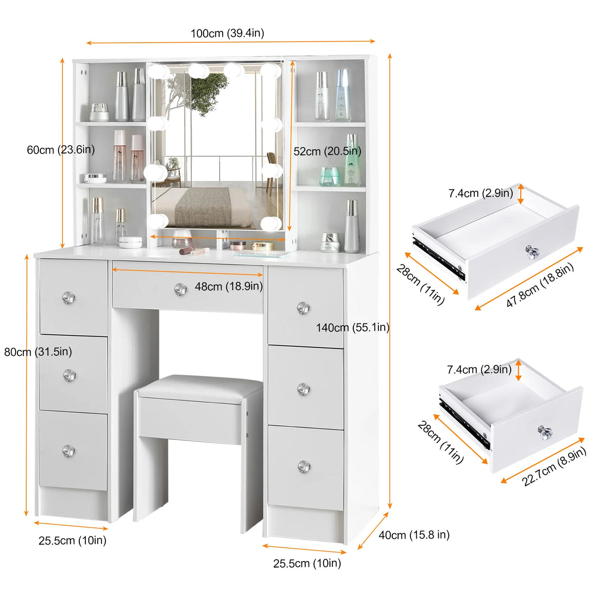 Teousev Seven Drawer Vanity Desk With Led Lights